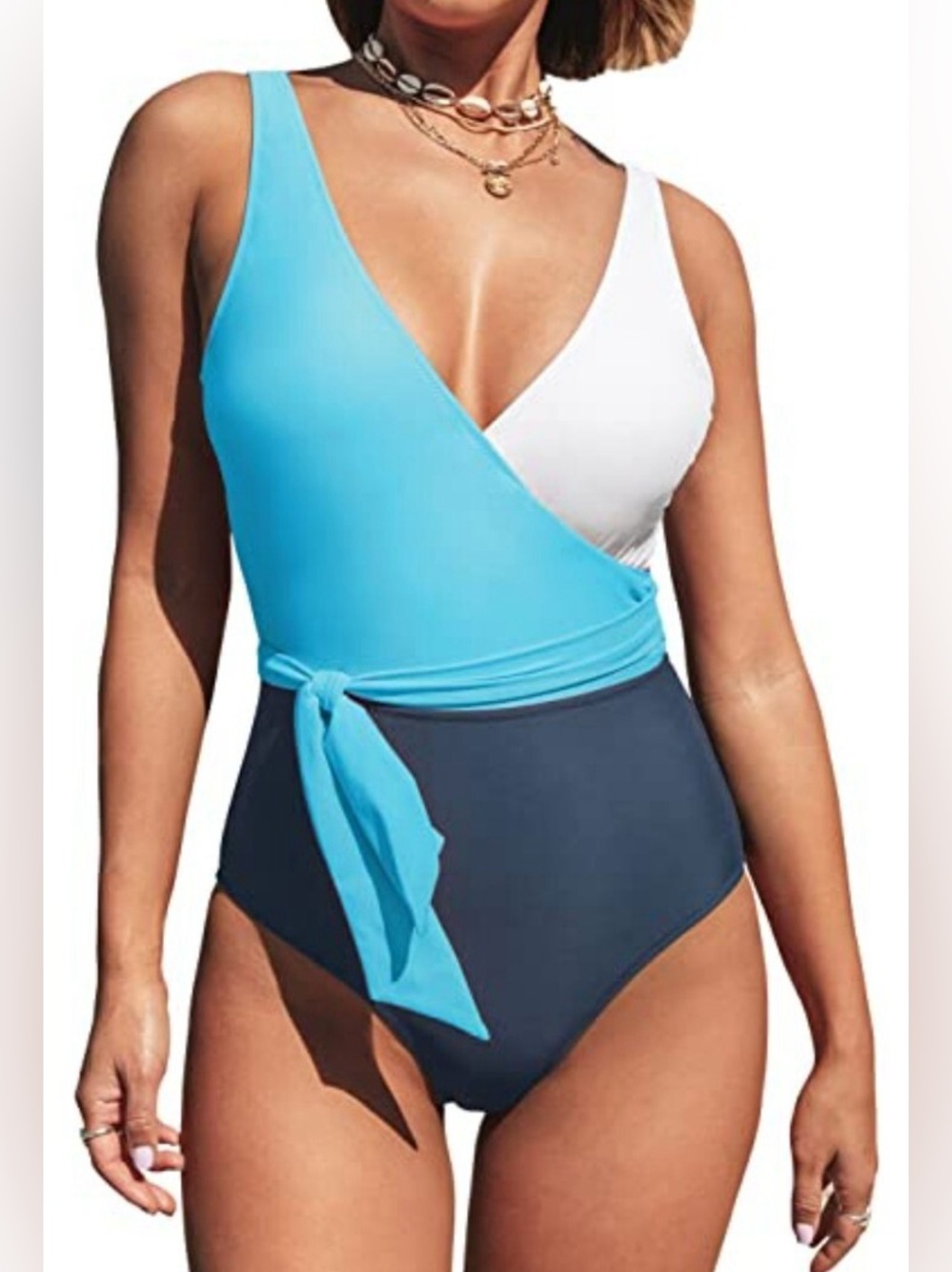 NWT Women’s Cupshe Turquoise, Navy & White Colorblock One-Piece Swimsuit Size XL
